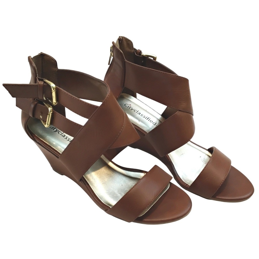 Cityclassified‎ Women Brown Faux Leather Wedge Sandals Strappy Back Zip Size 8